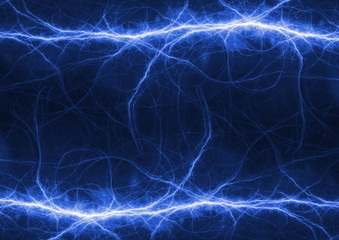 Blue electrical lightning bolt, plasma power background