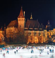 Obraz premium Ice rink against Vajdahunyad castle in Budapest at night