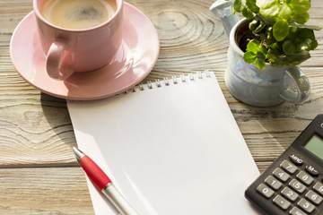 Stylish Business Office or Home Workplace Concept with cappuccino in a pink cup,an opened planner, calculator and a plant in a pot on a light wooden table, close up