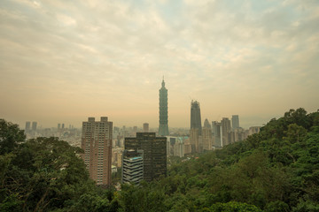 Scenery of Taipei city center with high building as landmark of Taiwan during sunset from popular view point Elephant mountain