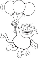 Black and white illustration of a cat holding balloons.