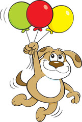 Cartoon illustration of a dog holding balloons.