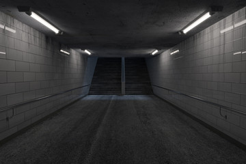 Heruntergekommene Bahnhofsunterführung bei Nacht, erhellt durch Lichter. 3D Rendering