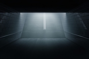 3d rendering of darken underpass with staircase at night in the fog - obrazy, fototapety, plakaty