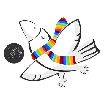 Illustrated vector image of a white crow with a color scarf