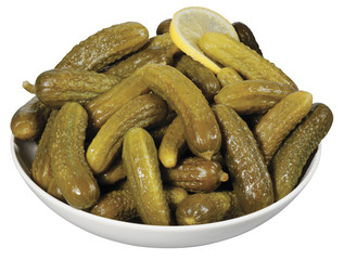 pickles gherkins in white bowl