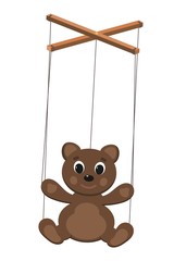  Color image of a puppet doll on a white background. Puppet bear with ropes. Vector illustration
