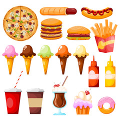 Fastfood items on a white background. Street food circle ketchup mustard hamburger donut pizza ice cream coffee sausage cream french potato hot dog vector illustration