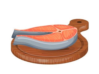 Colored illustration of a piece of fresh salmon on a wooden cutting board. Vector illustration of salmon fish meat on a cook board on a white background