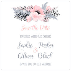 Greeting card with flowers, watercolor, can be used as invitation card for wedding, birthday and other holiday and summer background. Vector illustration. 