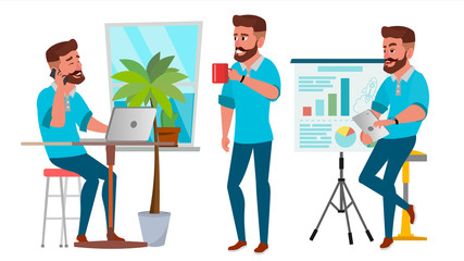 Business Man Character Vector. Working Boy, Man. Environment Process In Start Up Office, Studio. Casual Clothes. Programmer, Designer. Isolated On White Cartoon Business Character Illustration