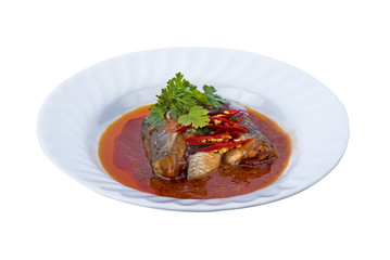 sardines fish in tomato sauce ,cannes fish on white background