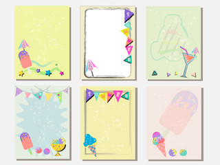 Fototapeta na wymiar Cute vector card set of ice creams and sweets. Vintage cards with patterns and ornaments. Hand drawn card set for menus, brochures , summer set and template design. Vector illustration.