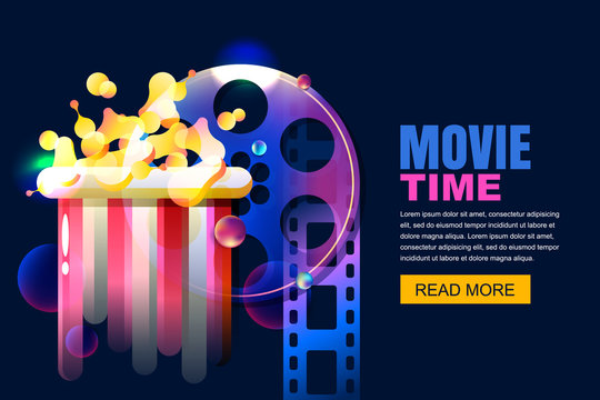 Vector glowing neon cinema and home movie time concept. Colorful film reel and popcorn modern illustration. Sale cinema theatre tickets, poster or banner background.