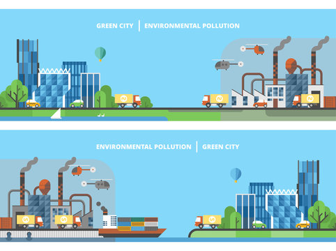 A set of two illustrations - production, modern city. Green city & Environmental pollution. Factory.