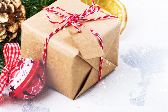 Christmas gift box on festive holiday background