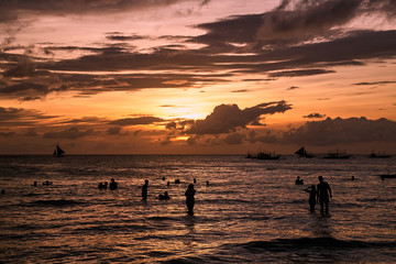 Beautiful sunset on Boracay white beach, Philippines