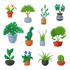 Plants in flowerpots vector potted flowery houseplants for interior decoration with botanic collection floral cactuses in pots and flowers in botanical garden illustration isolated on white background