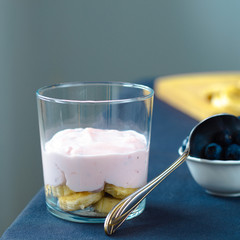 Homemade yogurt with banana and blueberries.