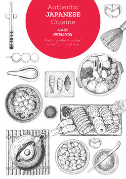 Japanese food menu restaurant. Asian food poster. Vector illustration top view.
