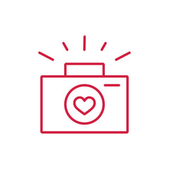 camera with heart red line icon on white background