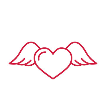 flying heart with wings red line icon on white background