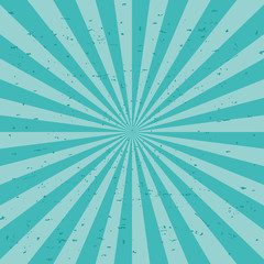 Vintage background of turquoise color for design with rays of their center and small particles.