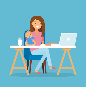 Working mom - young woman holding a baby working at a desk with laptop. Vector illustration in flat style