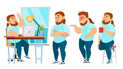 Fototapeta premium Business Man Character Vector. Working Male. IT Startup Business Company. Environment Process. Clothes. Full Length. Programmer, Manager. Expressions. Flat Cartoon Business Character Illustration