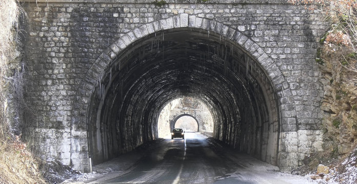 Two Tunnels In Winter With Icicles Near Ohrid,Macedonia