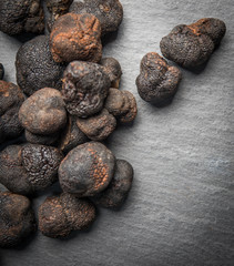 Group of blach truffles mushrooms and space for text