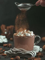 Foto op Canvas Hand sprinkled cinnamon powder on glass mug with hot chocolate cocoa drink. Copy space. Dark background. Low key. Winter food and drink concept. © fascinadora