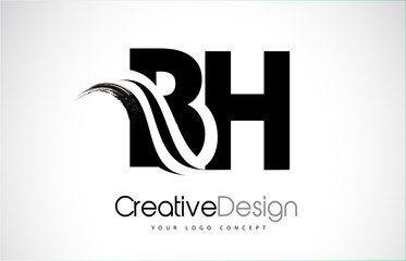 BH B H Creative Brush Black Letters Design With Swoosh