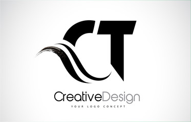 CT C T Creative Brush Black Letters Design With Swoosh