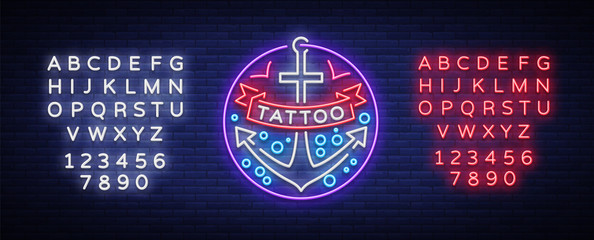 Tattoo salon logo in a neon style. Neon sign, emblem, anchor symbol, luminous billboard, neon advertising on a tattoo theme, for tattoo salon, studio. Vector illustration. Editing text neon sign