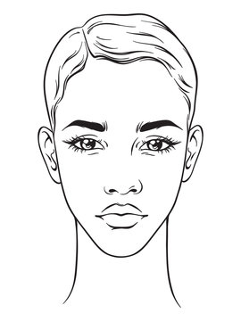 Beautiful african american woman with short haircut portrait isolated on white background. Face chart Makeup Artist Blank Template. Vector illustration