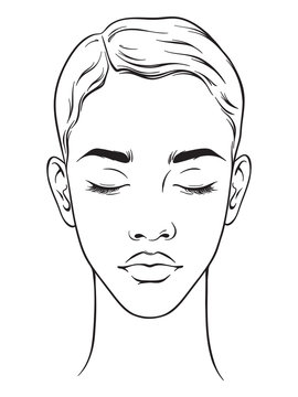 Beautiful african american woman with short haircut and closed eyes portrait isolated on white background. Face chart Makeup Artist Blank Template. Vector illustration