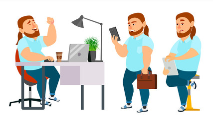 Business Man Character Vector. Working Man. Fat, Bearded. Environment Process Creative Studio. Programming, Planning. Full Length. Designer, Manager. Poses. Flat Cartoon Business Illustration