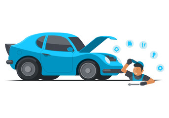 Fototapeta premium Flat illustration with car and mechanic