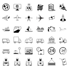 36 Icons. Delivery Shopping and Ecommerce Logistics Set of outline vector icon. Includes such as Air Freight, Sea Freight, Online Marketing, Express Delivery, Cargo Ship and other.64x64 Pixel Perfect.