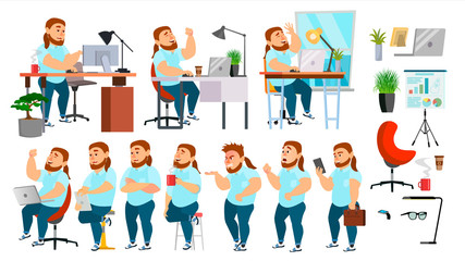 Obraz na płótnie Canvas Business Man Character Vector. Working People Set. Office, Creative Studio. Fat, Bearded. Business Situation. Programmer, Designer, Manager. Different Poses, Emotions. Cartoon Character Illustration