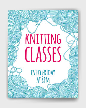 Vector yarn balls  with long thread and knot mock up for knit and crochet classes poster or advertisement. Hand drawn illustration for brochure, poster or cover design. Made using clipping mask