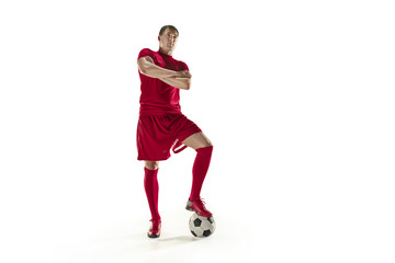 Fototapeta na wymiar Professional football soccer player with ball isolated white background