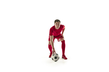 Obraz premium Professional football soccer player with ball isolated white background
