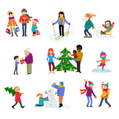Fototapeta na wymiar Winter holiday vector cartoon family characters kids play in wintertime with xmas tree and gifts for celebrating Christmas family illustration isolated vacation people in sport activity ski skate