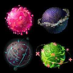 Obraz premium Vector cartoon fantastic worlds set. Cosmic, alien space elements for game design. Illustration with green plants galaxy butterfly flower, stone satellits, craters pink bubbles blue storm cloud planet