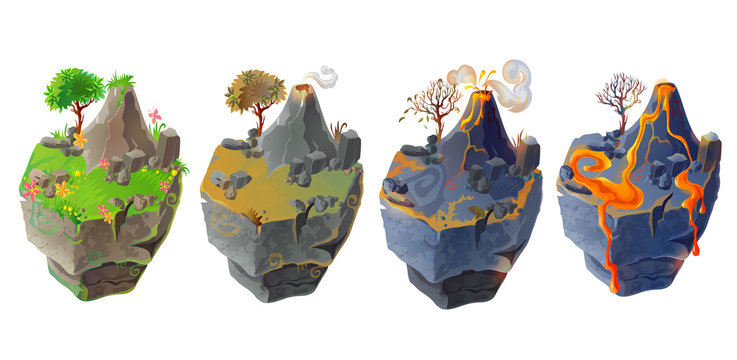 Vector isometric 3d fantastic islands for game design set. Cartoon illustration with green grass, tree, flowers and mountain and volcanic landscape with lava, burned ground and volcano isolated.