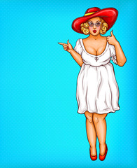 Vector fat, obese blonde pin up woman in pretty hat, pop art plus size model in white dress pointing a finger at discounts, sale. Fashion illustration. Overweight concept.