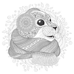 Hand drawn seal l in a scarf with high details for anti stress coloring page