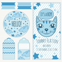 Baby boy shower invitation card template vector illustration.